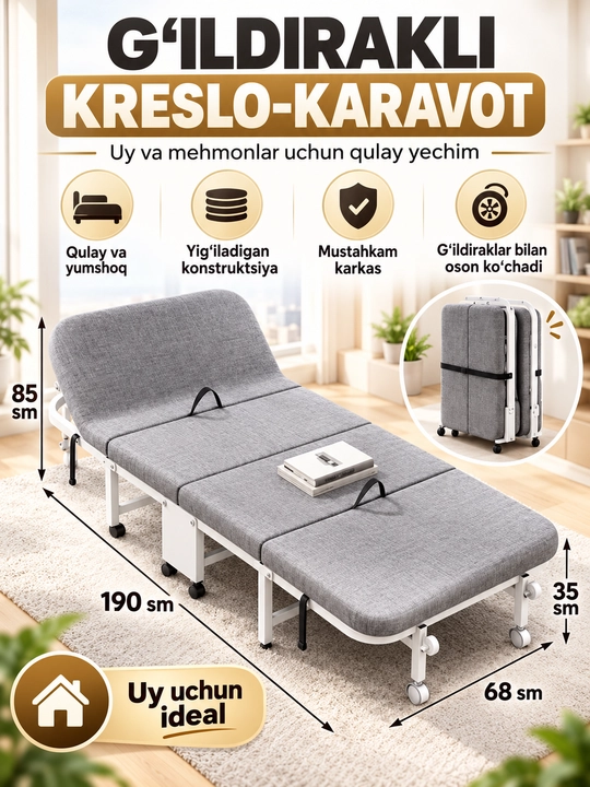 G‘ildirakli yig‘iladigan kreslo-karavot,uy va mehmonlar uchun transformatsiyalanuv mebeli - 