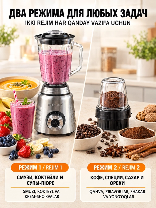Блендер SOKANY SK-03048 2-в-1, 800Вт, 1,5л стеклянная чаша, мельница для специй и кофе