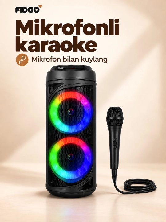Karaoke uchun mikrofonli FIDGO portativ Bluetooth kolonka