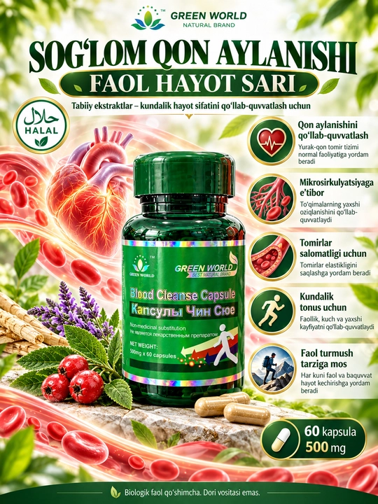 Blood Cleanse Capsule, экстракты шалфея, астрагала и боярышника, 500 мг, 60 капсул