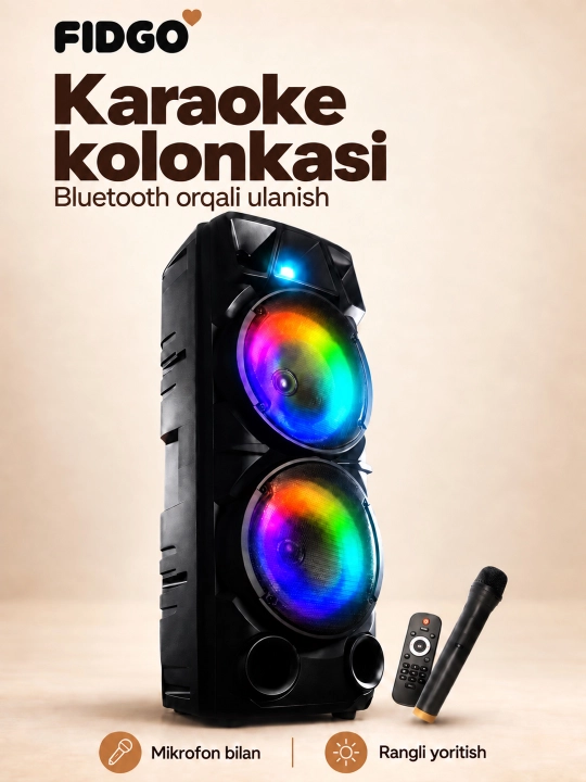Karaoke uchun mikrofonli FIDGO portativ Bluetooth kolonka - 
