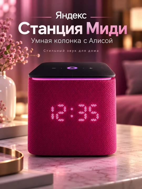 Умная колонка Яндекс Станция Миди с Алисой, малиновая