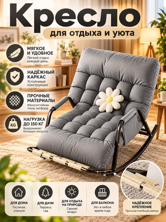 Dam olish uchun yumshoq tebranma kreslo, uy uchun qulay va zamonaviy kreslo