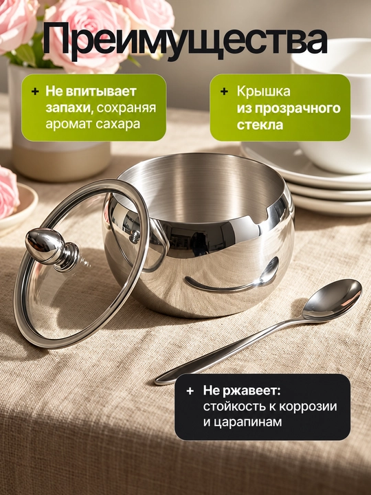 Сахарница из нержавеющей стали со стеклянной крышкой и ложкой
