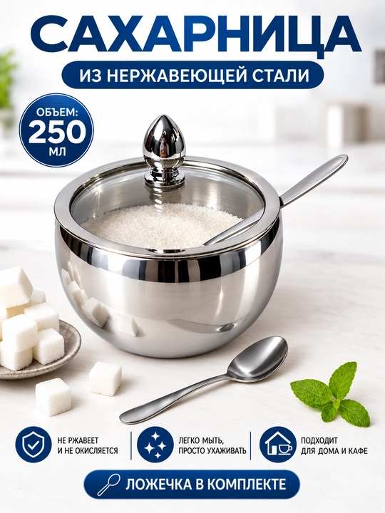 Сахарница из нержавеющей стали со стеклянной крышкой и ложкой - 