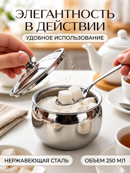 Сахарница из нержавеющей стали со стеклянной крышкой и ложкой