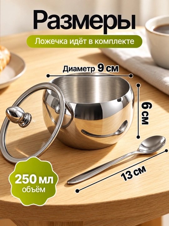 Сахарница из нержавеющей стали со стеклянной крышкой и ложкой