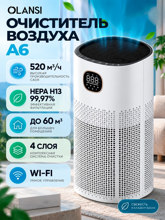 Очиститель воздуха OLANSI A4S / A6, HEPA H13, Wi-Fi, UV-C, ионизация, до 60 м² - 
