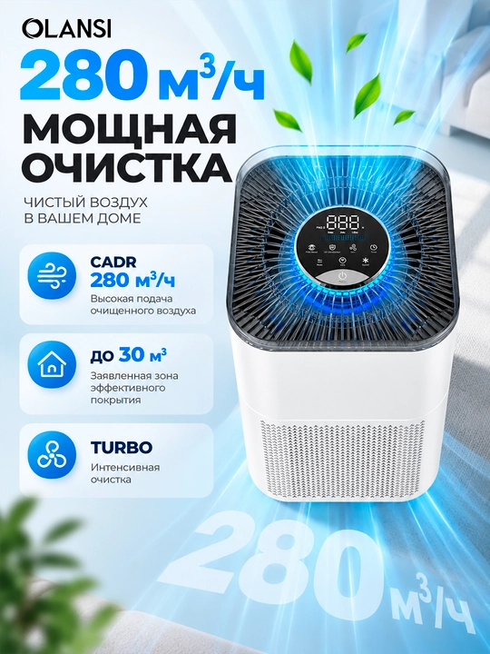 OLANSI A4S / A6 havo tozalagich, HEPA H13, Wi-Fi, UV-C, ionizatsiya, 60 m² gacha