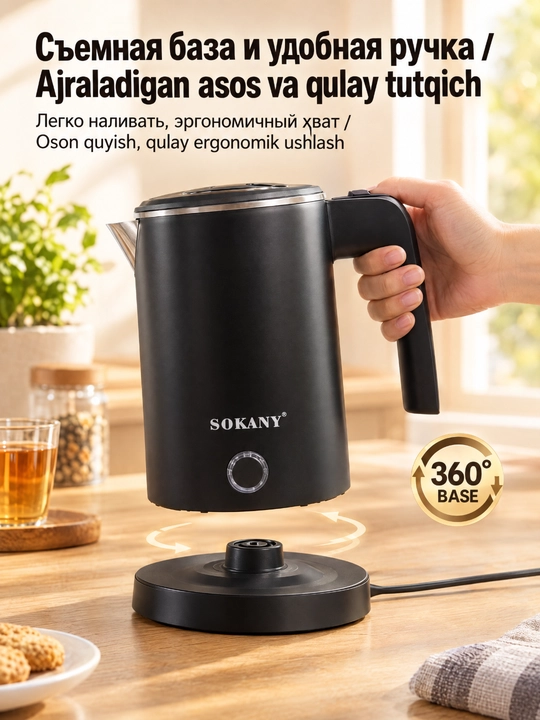 SOKANY SK-SH-1077 mini elektr choynak 0,5 l 600W zanglamaydigan poʻlat