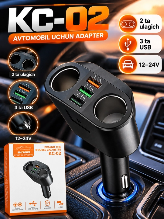 5 in 1 avtomobil adapteri, USB va Type-C quvvatlash, 12–24V