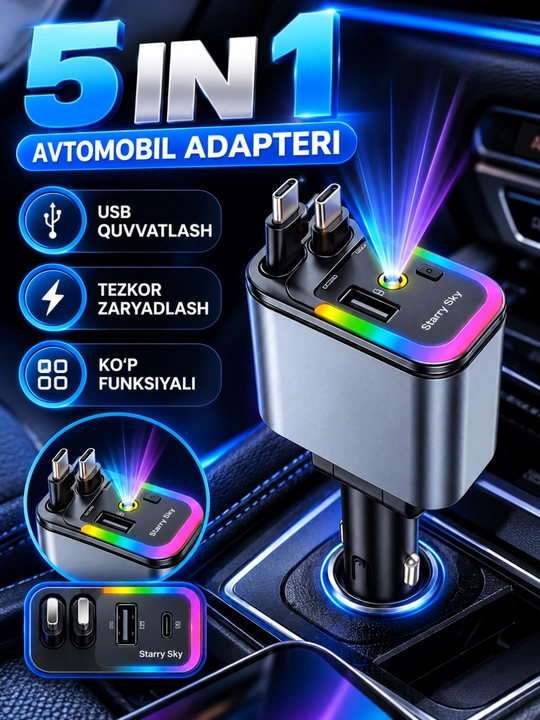5 in 1 avtomobil adapteri, USB va Type-C quvvatlash, 12–24V - 