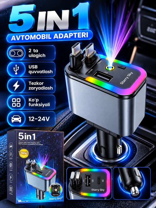 5 in 1 avtomobil adapteri, USB va Type-C quvvatlash, 12–24V