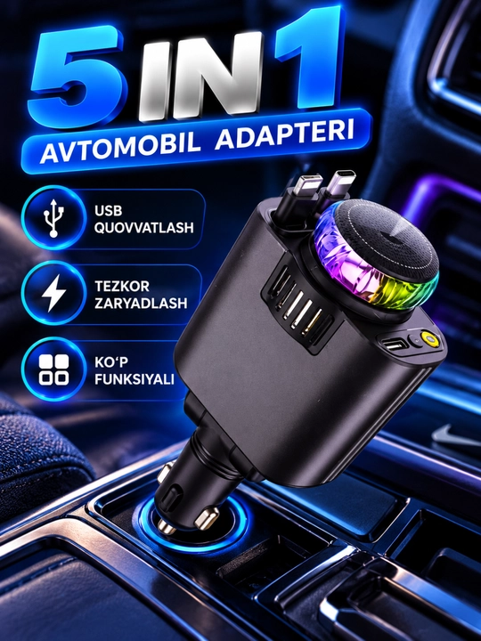 5 in 1 avtomobil adapteri, USB va Type-C quvvatlash, 12–24V - 