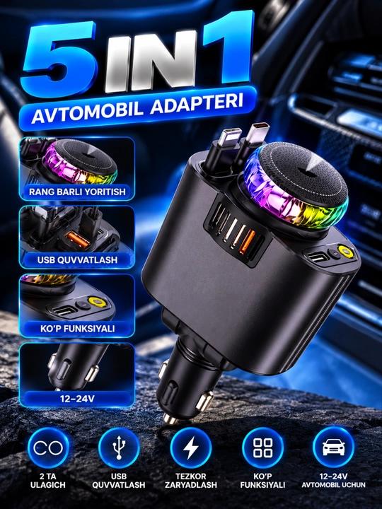 5 in 1 avtomobil adapteri, USB va Type-C quvvatlash, 12–24V