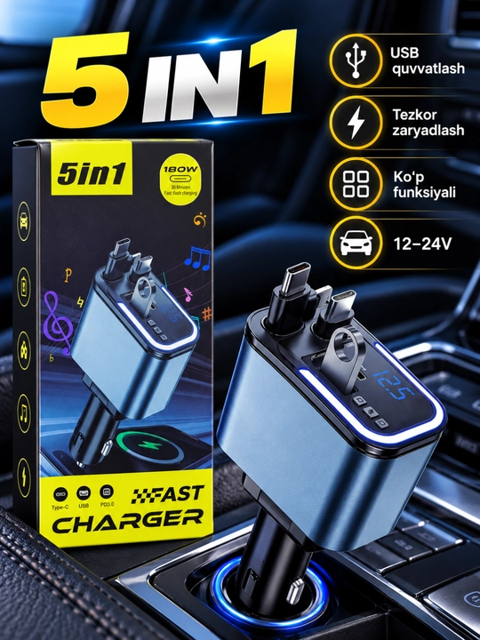 5 in 1 avtomobil adapteri, USB va Type-C quvvatlash, 12–24V