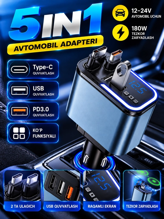 5 in 1 avtomobil adapteri, USB va Type-C quvvatlash, 12–24V - 