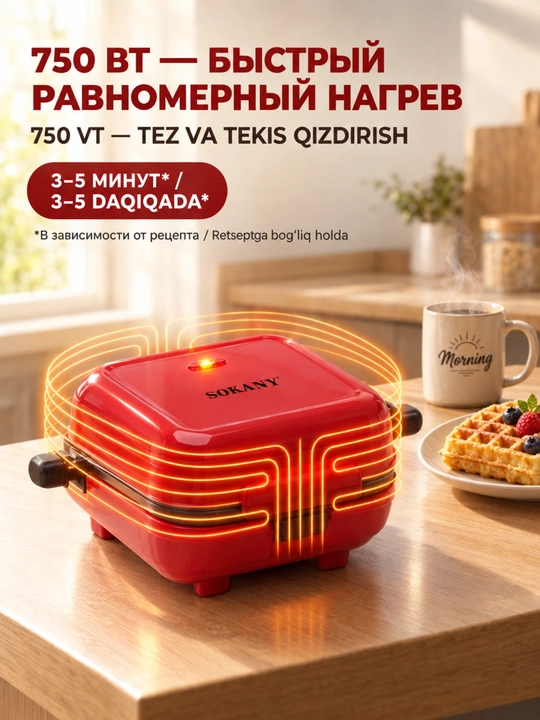 SOKANY SK-08148 vafli pishirgichi, 750 Vt, ikki tomonlama isituvchi, bir vaqtning o‘zida 4 ta vafli