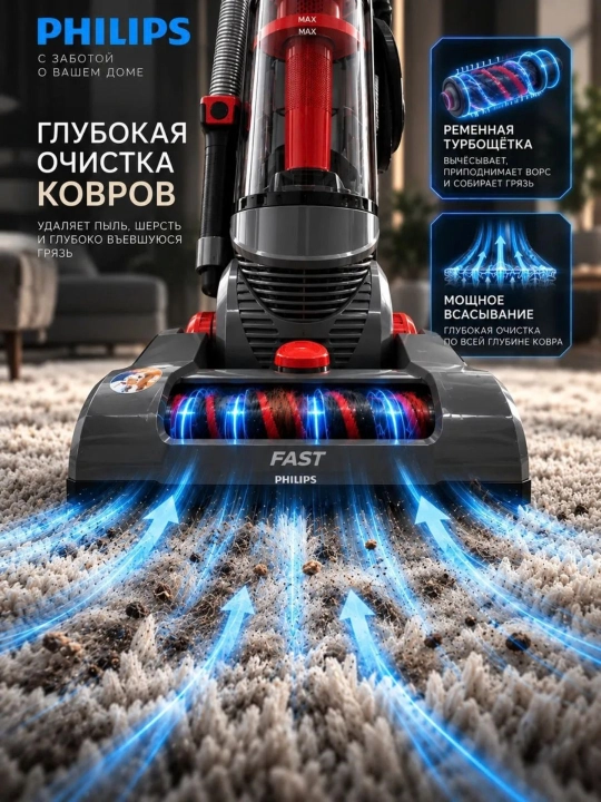 Вертикальный пылесос Philips - высокая мощность всасывания 480 Вт, 3.5 литра