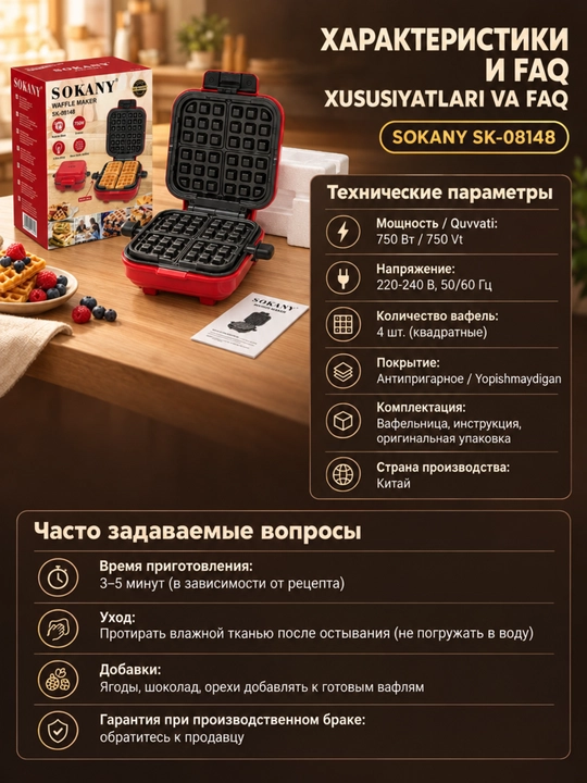 SOKANY SK-08148 vafli pishirgichi, 750 Vt, ikki tomonlama isituvchi, bir vaqtning o‘zida 4 ta vafli