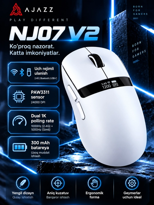 Игровая мышь AJAZZ NJ07 V2, 24000 DPI, 2.4G, Bluetooth, USB, RGB, 300 мАч - 
