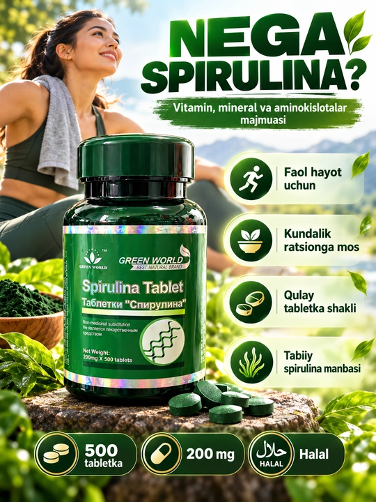 Green World Spirulina Tablet, спирулина 200 мг, 500 таблеток, Spirulina Platensis, БАД