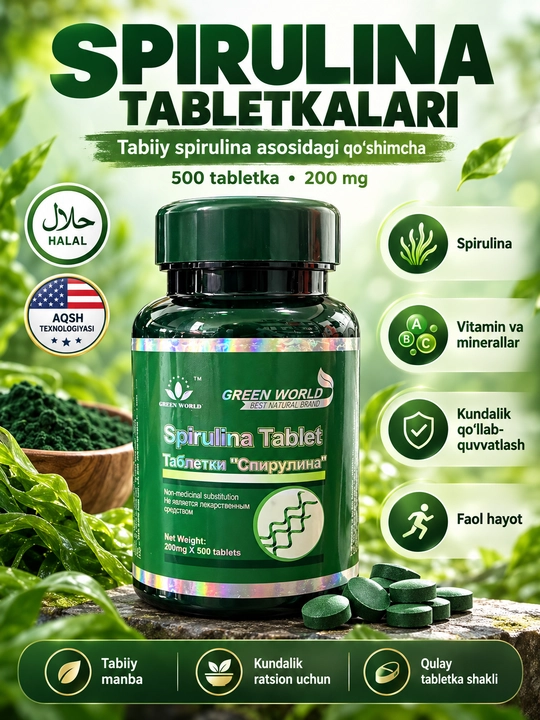 Green World Spirulina Tablet, спирулина 200 мг, 500 таблеток, Spirulina Platensis, БАД - 