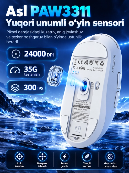 Игровая мышь AJAZZ NJ07 V2, 24000 DPI, 2.4G, Bluetooth, USB, RGB, 300 мАч