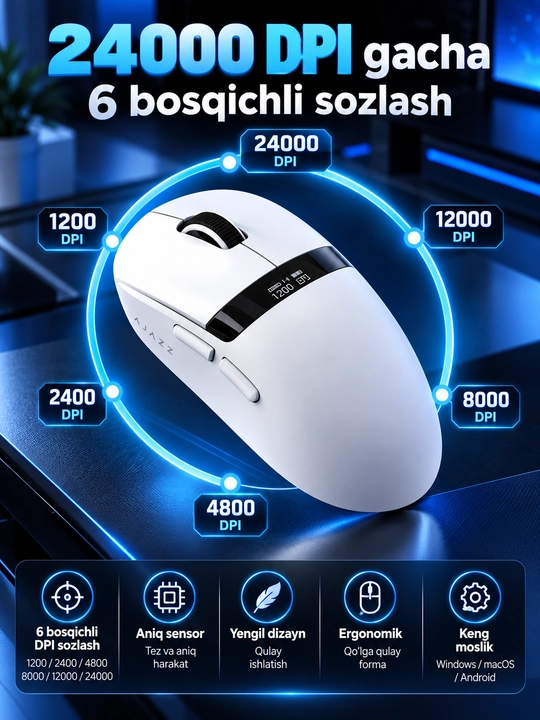 Игровая мышь AJAZZ NJ07 V2, 24000 DPI, 2.4G, Bluetooth, USB, RGB, 300 мАч