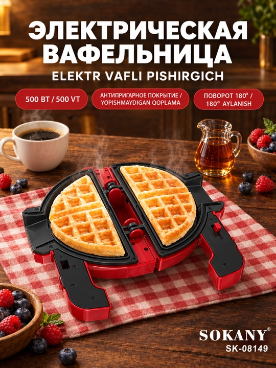 Вафельница SOKANY SK-08149 поворотная 180°,500Вт,антипригарное покрытие - 