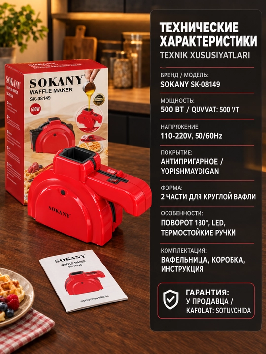 Vafli dazmol SOKANY SK-08149 180° aylanuvchi, 500 Vt, yopishmaydigan qoplama