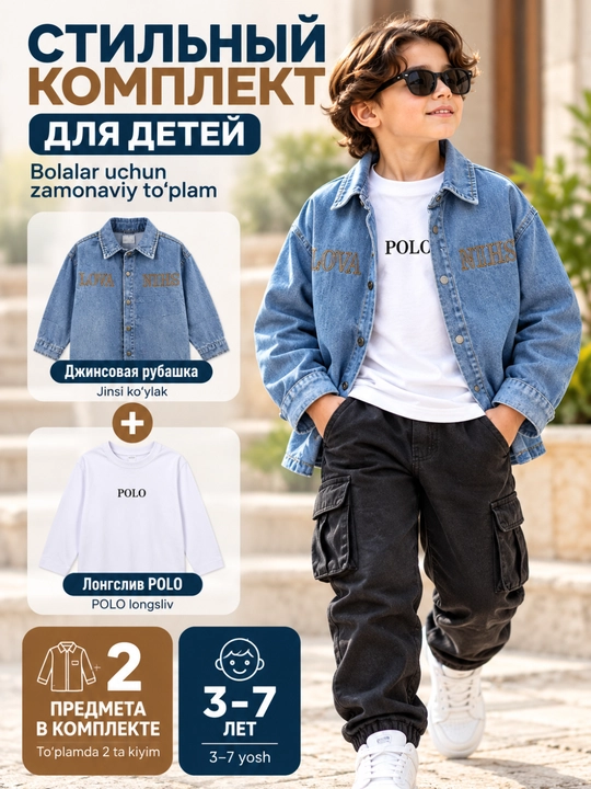 Детский комплект для мальчика 2-в-1, джинсовая рубашка + лонгслив, - 