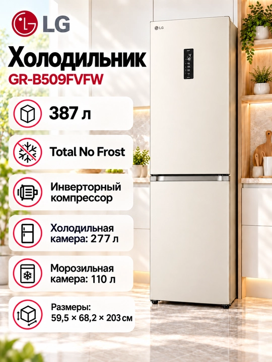 Холодильник LG GR-B509FMFW/FVFW/FQFW, 387 л, No Frost, инвертор - 
