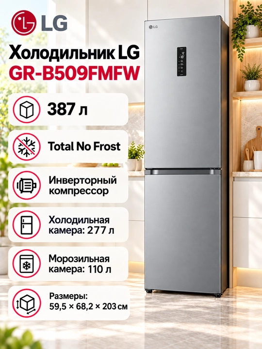 Холодильник LG GR-B509FMFW/FVFW/FQFW, 387 л, No Frost, инвертор - 