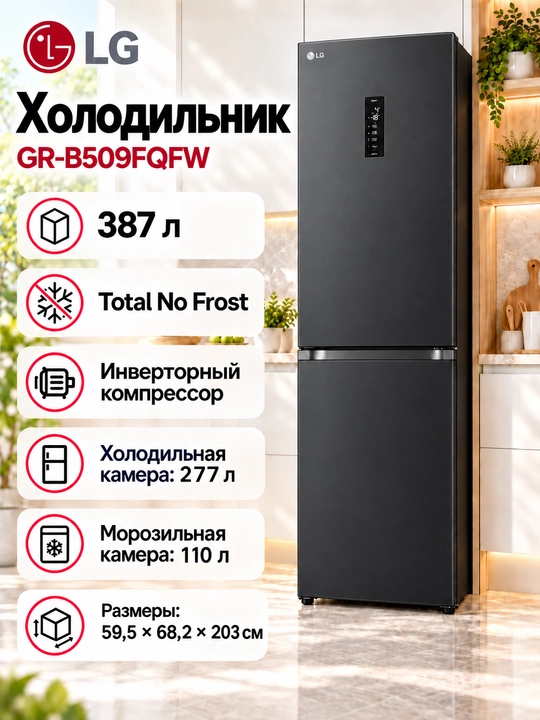 Холодильник LG GR-B509FMFW/FVFW/FQFW, 387 л, No Frost, инвертор - 