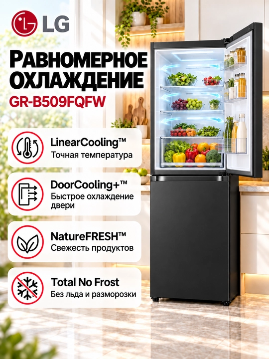 Холодильник LG GR-B509FMFW/FVFW/FQFW, 387 л, No Frost, инвертор