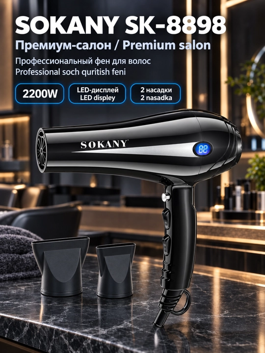 Professional sochlarini fen mashinasi SOKANY SK-8898,2200W,LED harorat displeyi,2 ta nozul - 