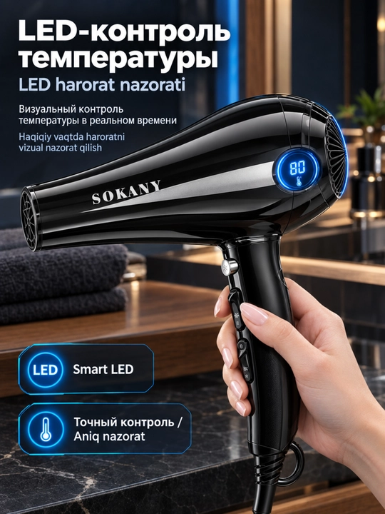 Professional sochlarini fen mashinasi SOKANY SK-8898,2200W,LED harorat displeyi,2 ta nozul