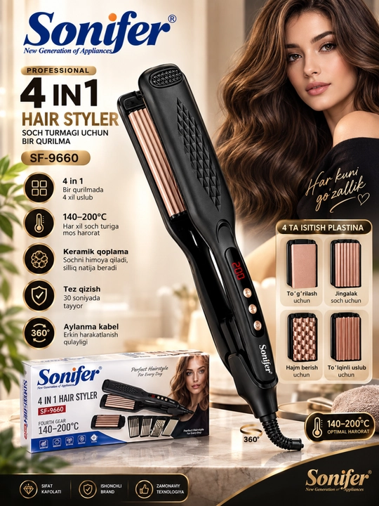 Sonifer SF-9660 4в1 стайлер для волос, 140-200°C, 4 сменные насадки для укладки волос
