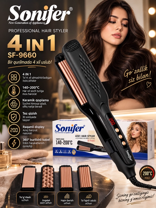 Sonifer SF-9660 4в1 стайлер для волос, 140-200°C, 4 сменные насадки для укладки волос