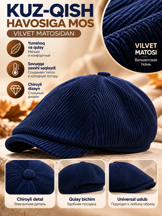 Erkaklar va ayollar uchun 8 klinli Newsboy kepka — velvet matoli, turli ranglarda