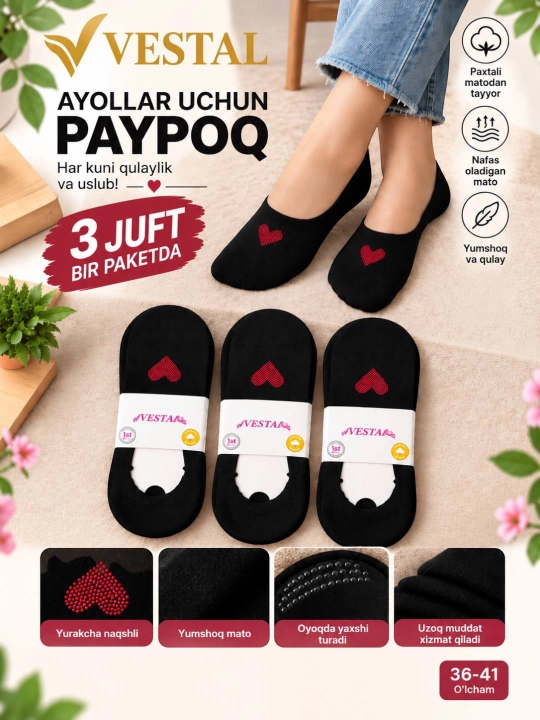 Ayollar kalta,pyatki paypoqlari 3 juftdan.MATOSI 100% paxta, - 