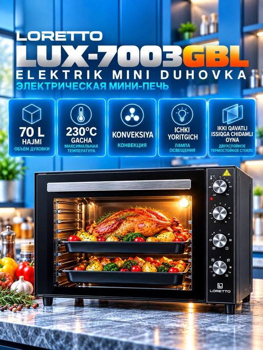LORETTO LUX-7003GBL – электродуховка, мини-печь, термостат, таймер, конвекция, 70 л