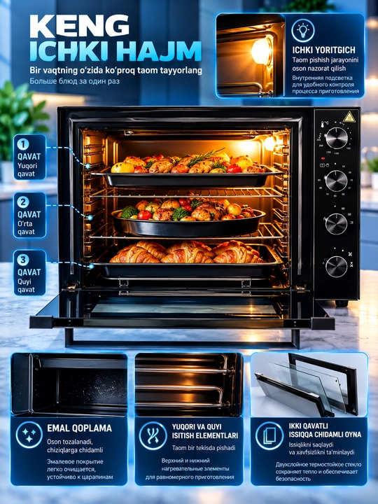 LORETTO LUX-7003GBL – электродуховка, мини-печь, термостат, таймер, конвекция, 70 л