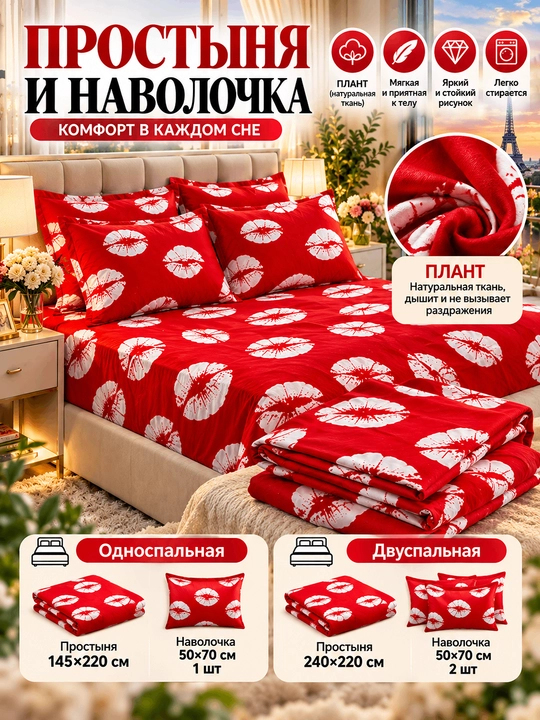 Комплект простыня и наволочка, двуспальная 220*240, наволочка 50*70