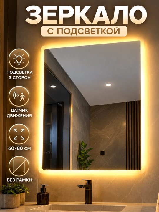 Настенное зеркало с LED-подсветкой 60×80 см, датчиком движения, подсветкой с 3 сторон - 