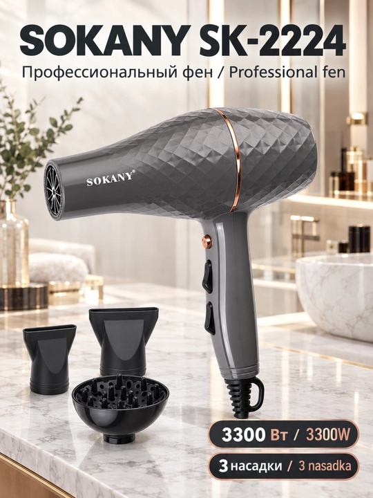 Professional sochlarini fen mashinasi SOKANY SK-2224,3300 Vt, ionli, salon - 