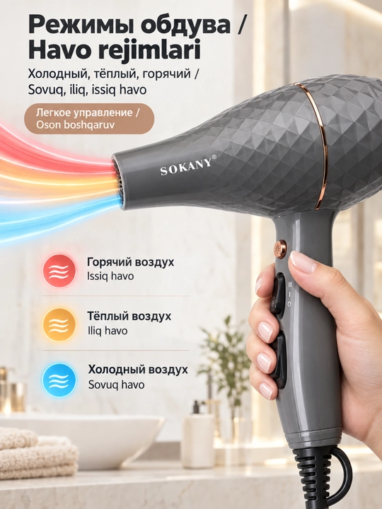 Professional sochlarini fen mashinasi SOKANY SK-2224,3300 Vt, ionli, salon