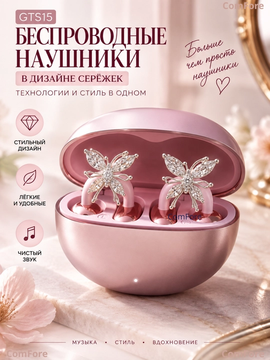 Наушники беспроводные женские GTS15, Bluetooth 5.4, наушники-серьги, наушники для девочек - 