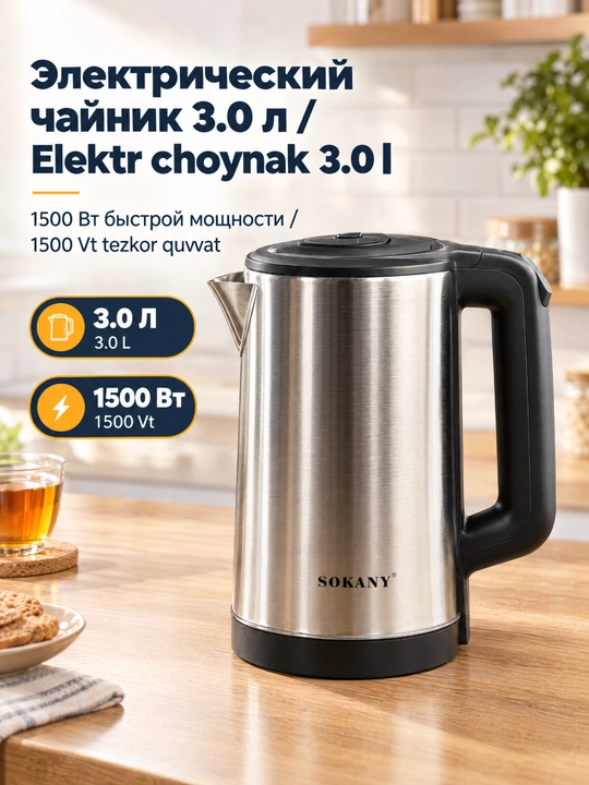 Электрический чайник SOKANY SK-SH-1060, 3 л, 1500 Вт, нержавеющая сталь, 360° подставка - 